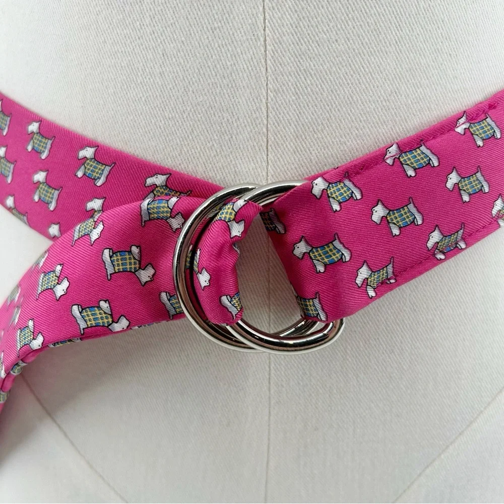 J. Crew Y2K 100% Silk Scottie Dog Novelty Print D Ring Skinny Belt Size Small - Picture 2 of 8